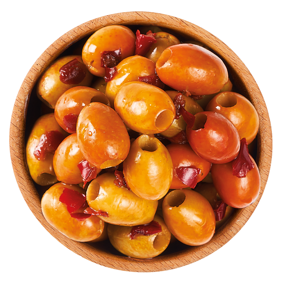 Pitted green olives with hot sauce